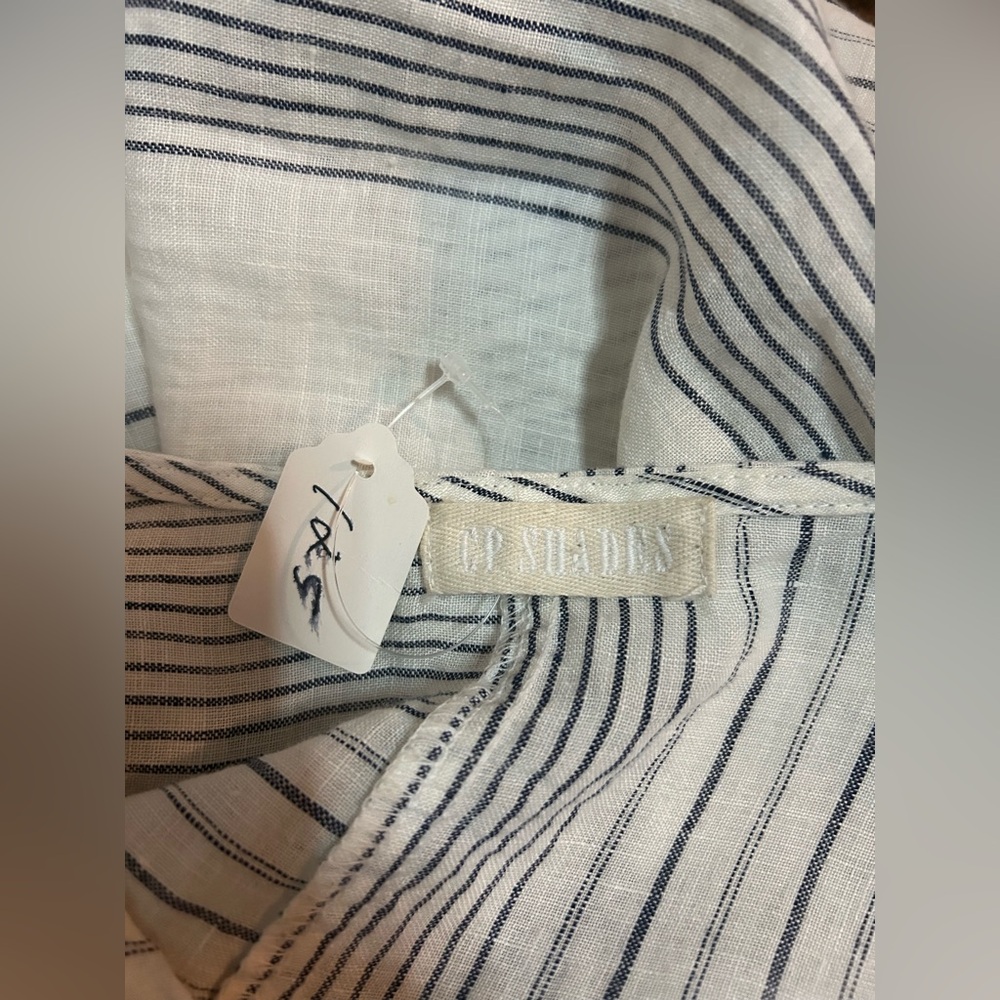 CP SHADES White Linen Contrast Navy Striped Long Sleeve V-Neck Tunic Dress - Picture 4 of 4
